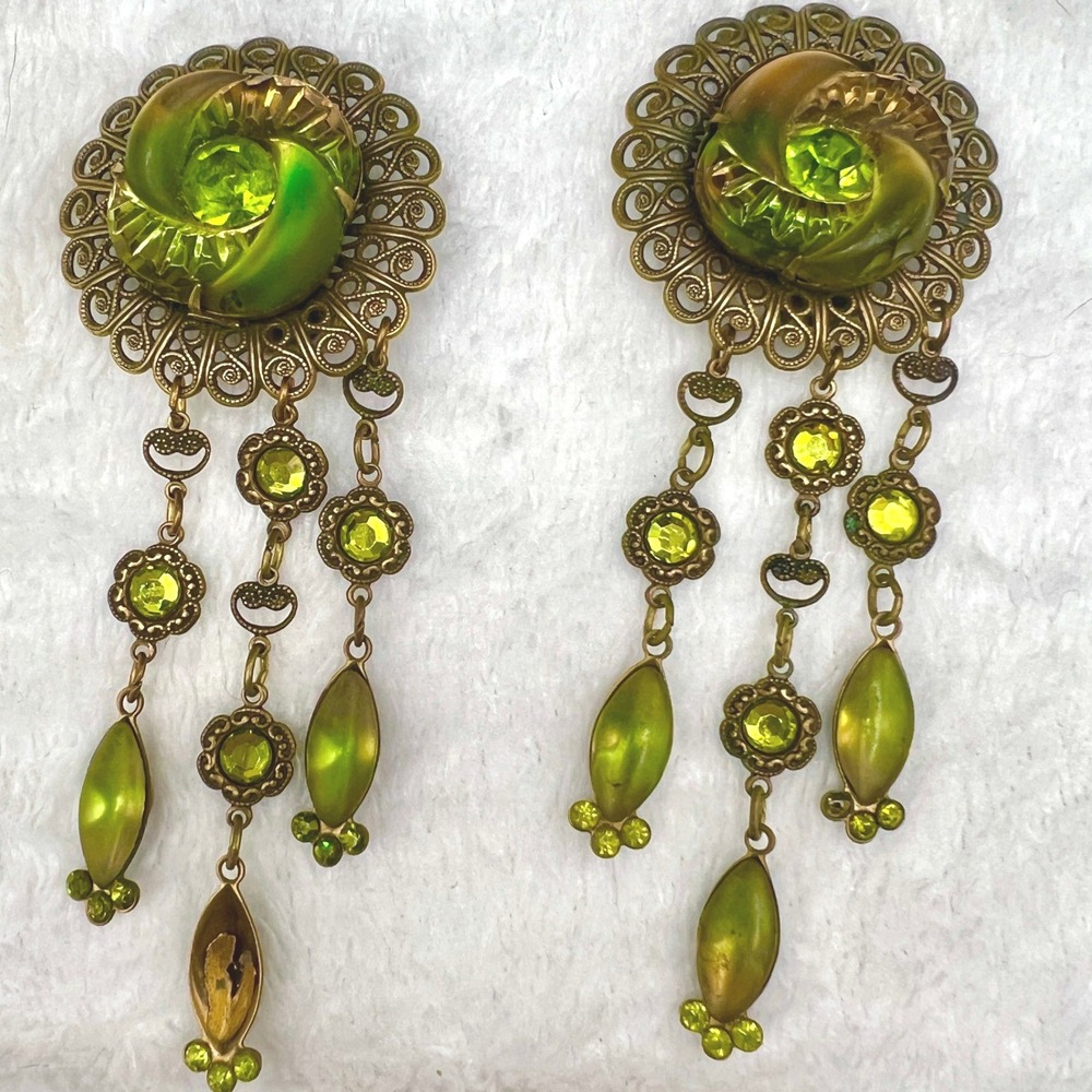 Vintage Banana Bob Chandelier Brass Green Brown Vitrail Frosted Rhinestones SEE